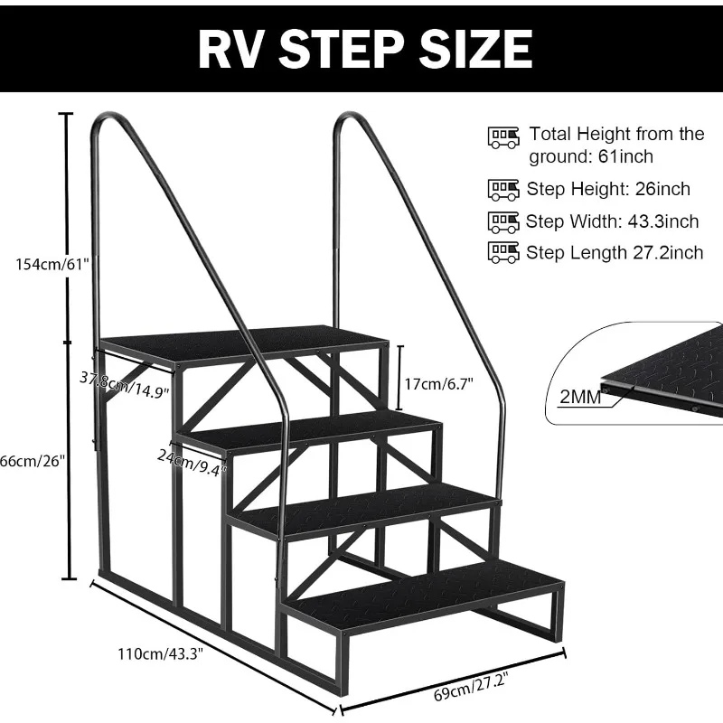 4 gradini 2 corrimano Scale per camper Capacità di carico di 660 libbre Scaletta con pannello antiscivolo Scale per casa mobile per rimorchi da viaggio Nero