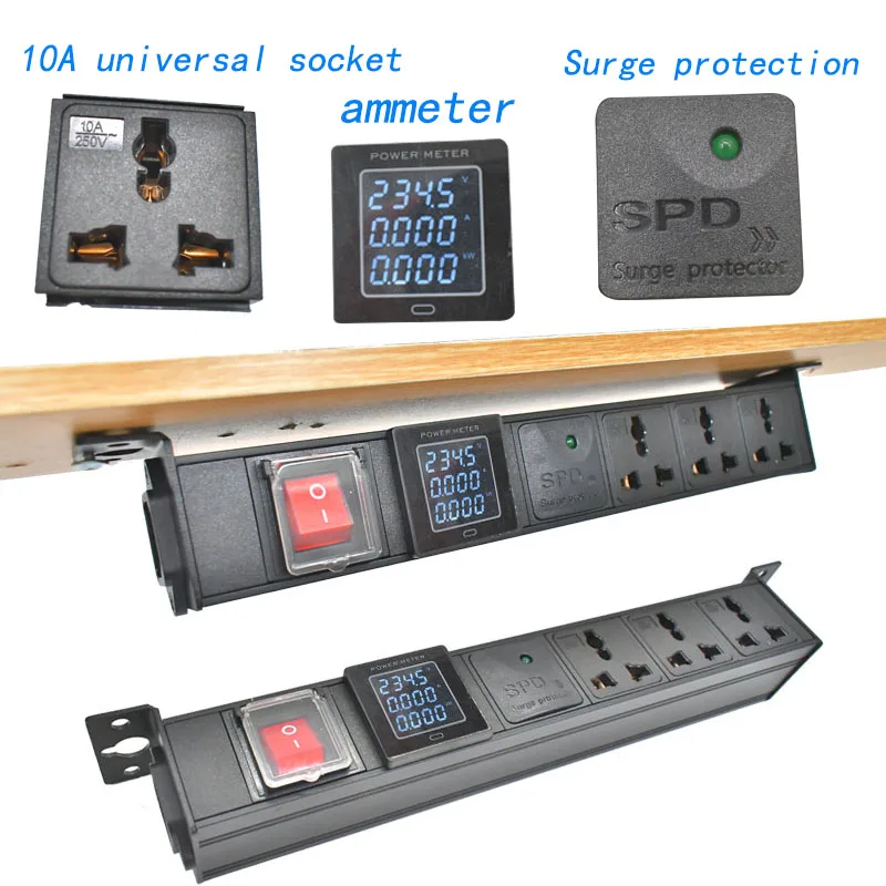 

PDU power strip Surge protection Hidden10A Universal socket compatible US EU UK AU Thailand plug socket Digital display ammeter