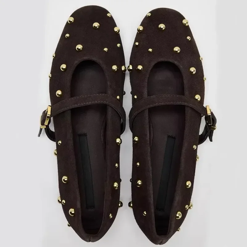 2024 Autumn Brand Mary Jane Shoes for Women Fashion Rivet Suede Classic Retro Brown Casual Soft Bottom Comfortable Ladies Flats