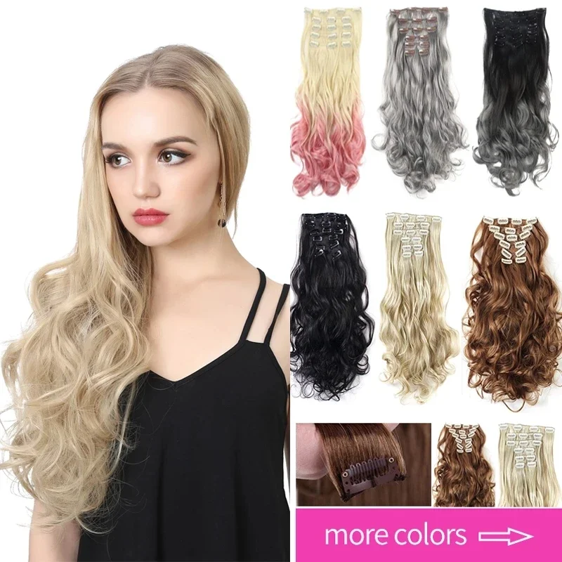 Synthetic Clip in Hair Extensions Ombre Bayalage 7pcs Head Curly Grey Hair Pieces For Women Brown Blonde Pink 20