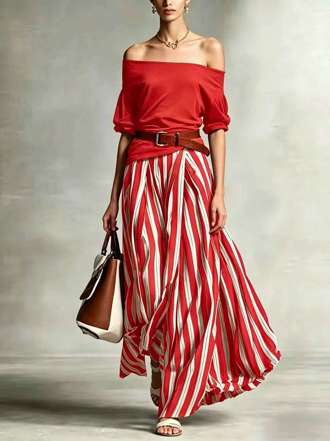 Women Multiple Colors Off Shoulder Puff Sleeve Top Vertical Stripe Flowy Maxi Skirt 2 Piece Outfit Loose Casual Vacation Set