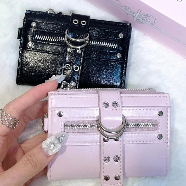 Y2k Punk Women Wallet Glossy PU Leather Rivet Coin Purse Belt Buckle Metal Ring Design Fashion Sweet Cool Ladies Card Holder