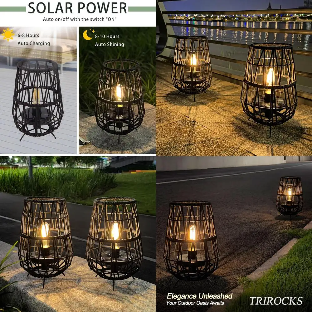 

Пара водонепроницаемых уличных солнечных фонарей с плетеным канатом для патио, сада и двора, черные