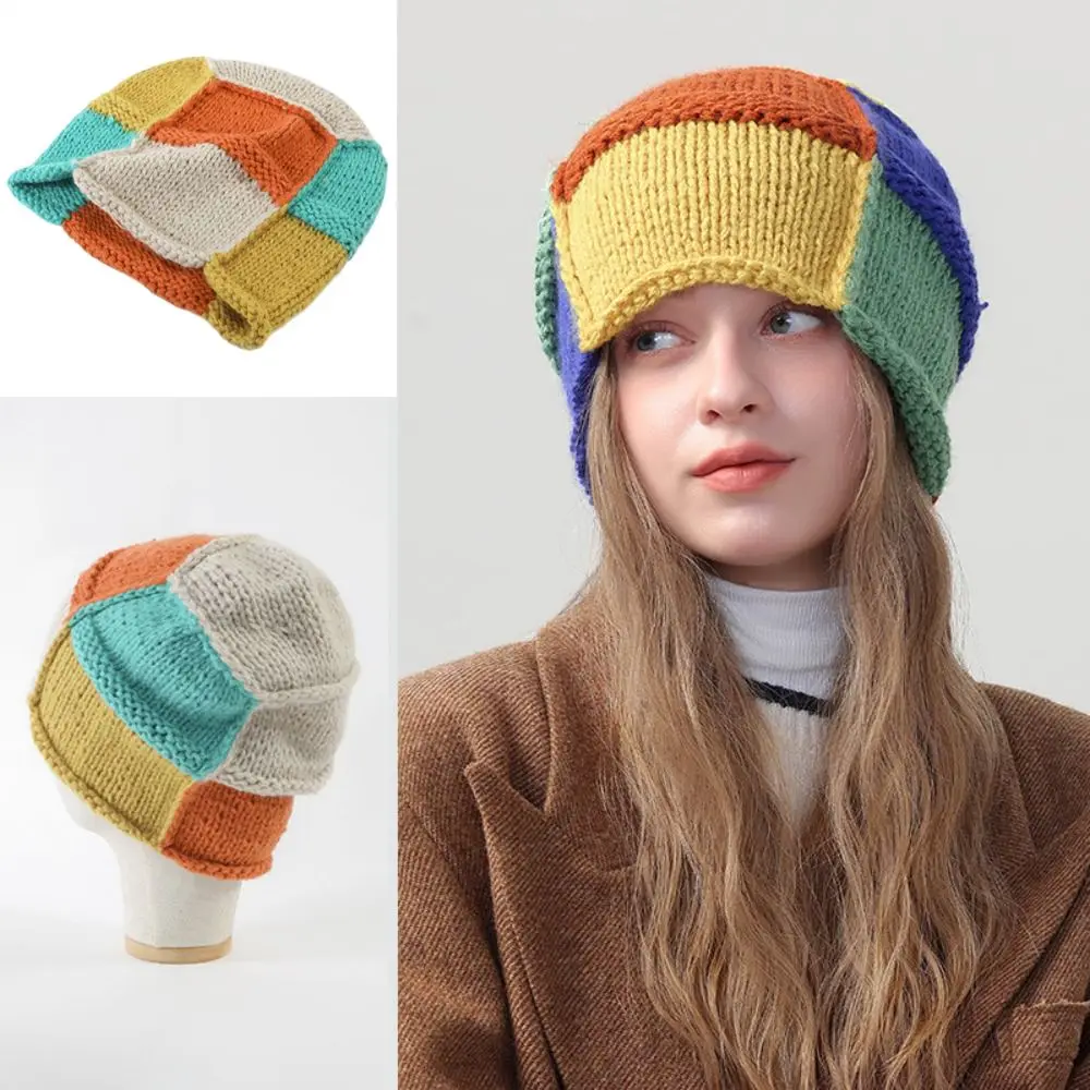 Stylish Gradient Plush Hat Handmade Split Color Woolen Hat Stripe Beanie Cap Knitted Hat Women