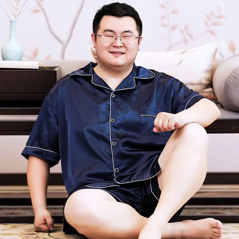 Fatty Pajamas Male Thin Short Sleeve Fatten Up Large Size Pajamas Loose Summertime Ice Silk Loungewear Set 150 Kg  Refreshing