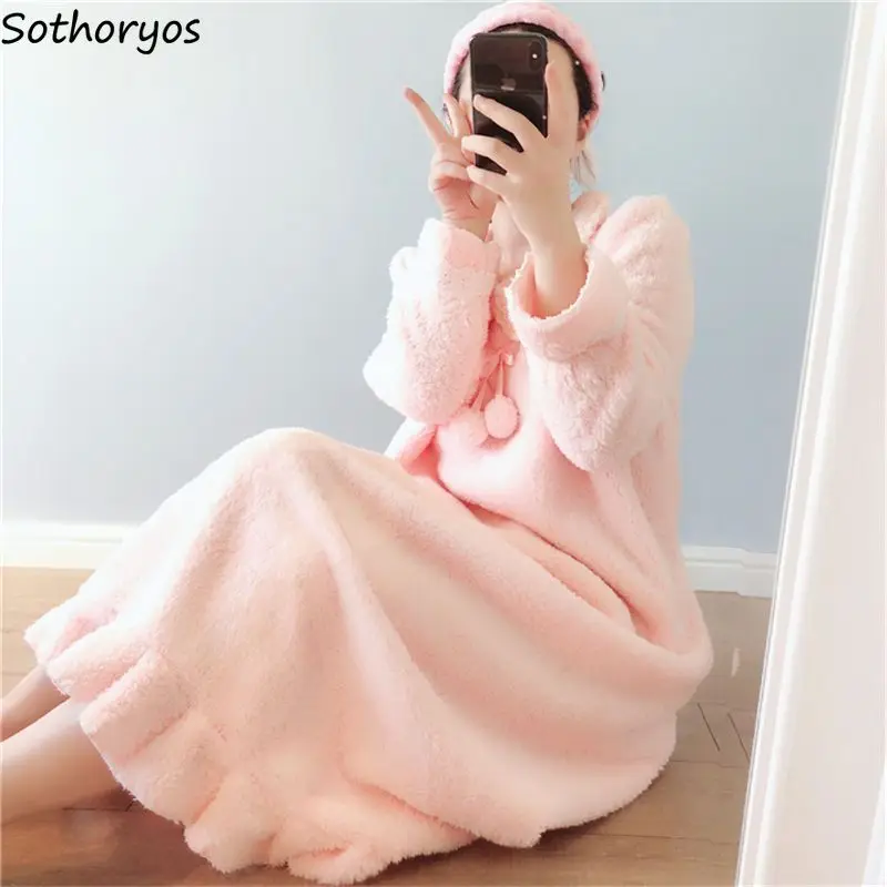 Nightgowns Women Baggy Sweet 3D Decoration Cozy Soft Winter Plus-velvet Gentle Princess Ruffles Pregnant Ins Style Popular 