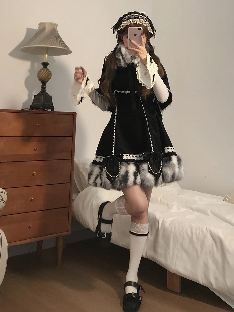 ชุดเสื้อคลุมสไตล์โลลิต้า ดีไซน์ Bla Cowl Ne Plu Dr พร้อมเสื้อคลุมและเสื้อยืดสำหรับผู้หญิง แฟชั่นฤดูหนาว ให้ความอบอุ่น