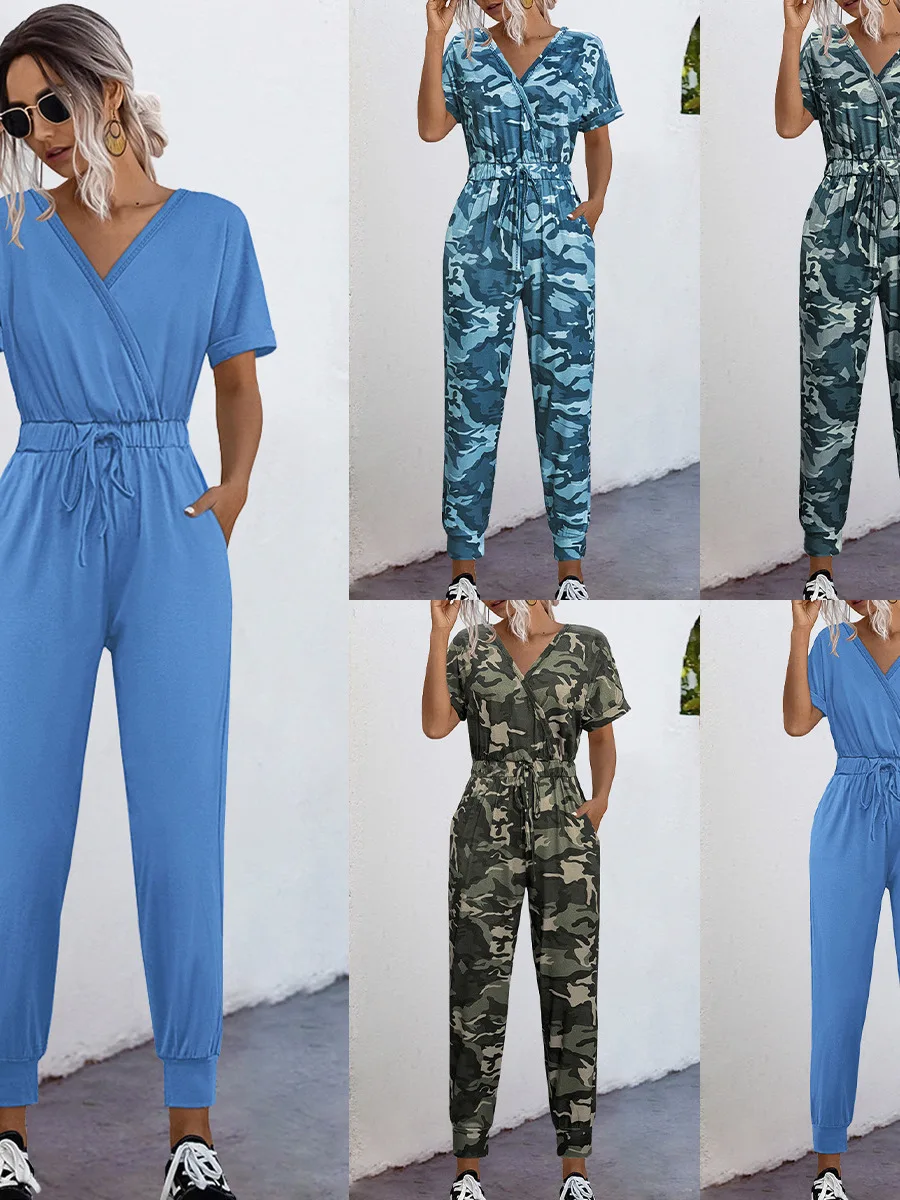 

Explosive Vne Cross Jumpsuit Women's Summer Trendy ort Sve High Waist Nine Points Pants Street Sle Polyester Fabric