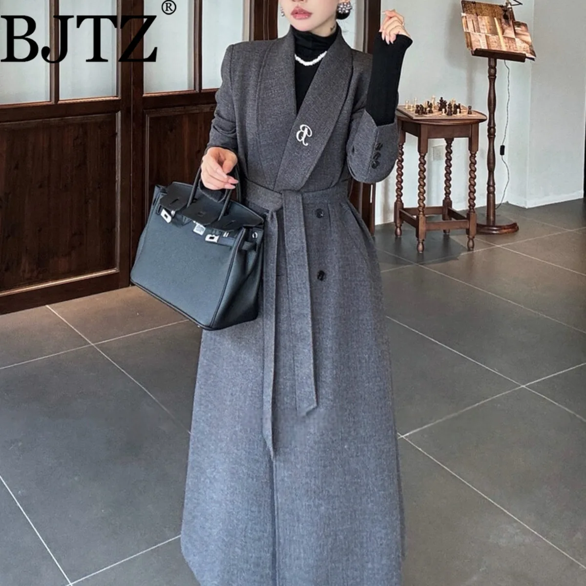 

BJTZ 2025 FW Women’s Suede Trench Coat Belted Waist Long Elegant Notched Collar Fall Winter Office Chic Luxe Outerwear