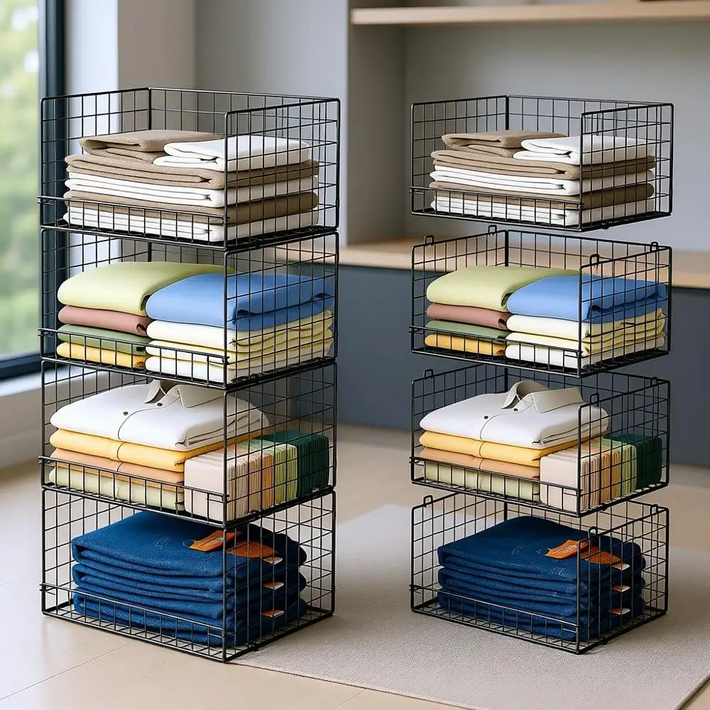 

4-уровневые складные органайзеры для шкафа, корзины для хранения одежды и свитеров, компактная система организации хранения в черном цвете