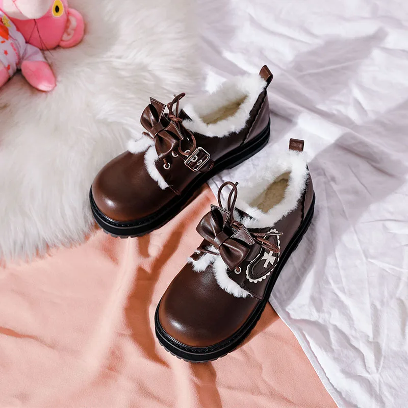 

Новая зимняя милая женская обувь Kawaii для девочек, теплая бархатная внутренняя обувь японского милого аниме в стиле Лолиты, женская обувь на платформе