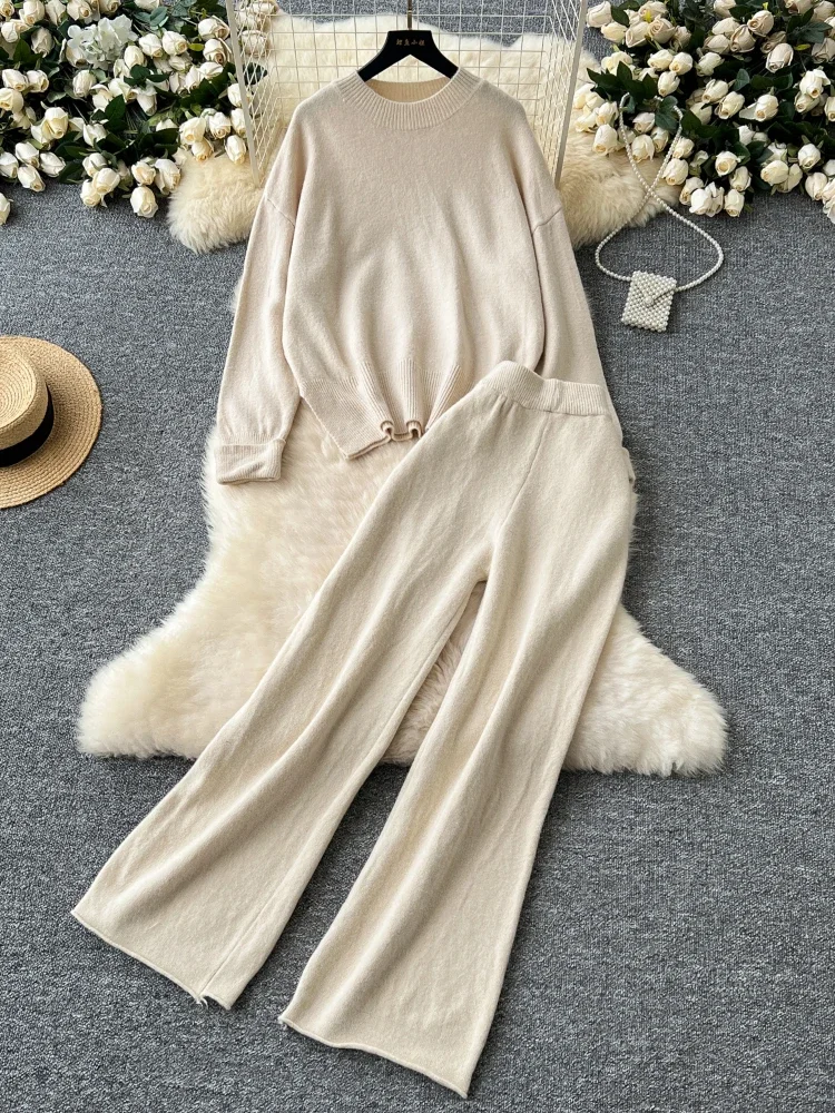 Casual Cashmere Women Knitt Suits Solid Loose Pullover+Wide Legs Long Pants 2024 Autumn Winter Thick Sweater Basics 2 Piece Set