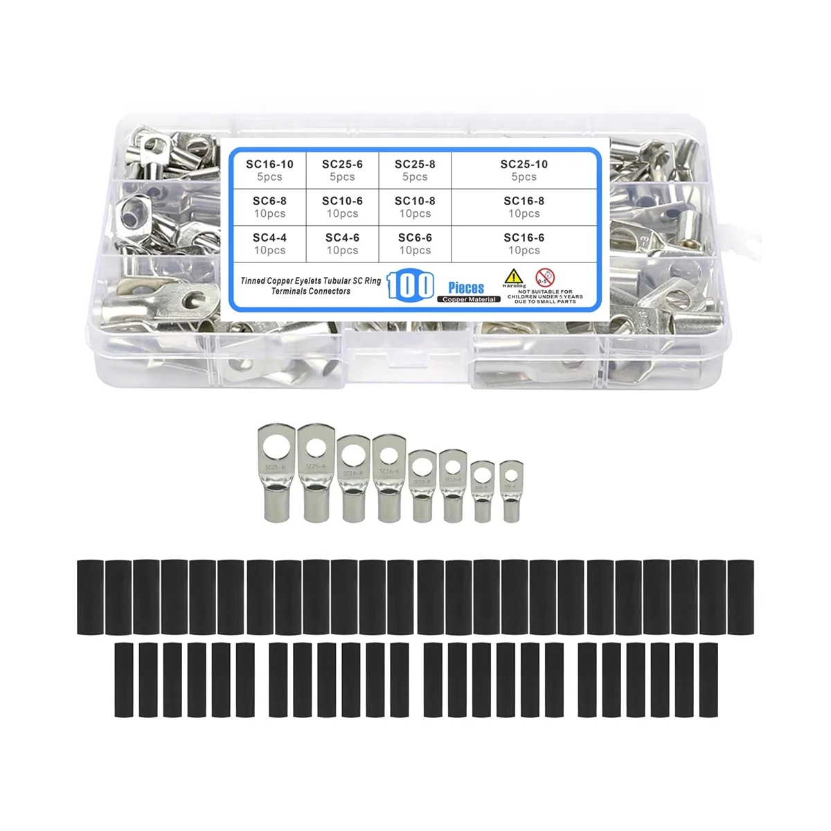 

220Pcs Bare Ring Terminals Lug Tinned Copper Tube Lug Seal Battery Wire Connectors Cable Crimped SC4-SC25