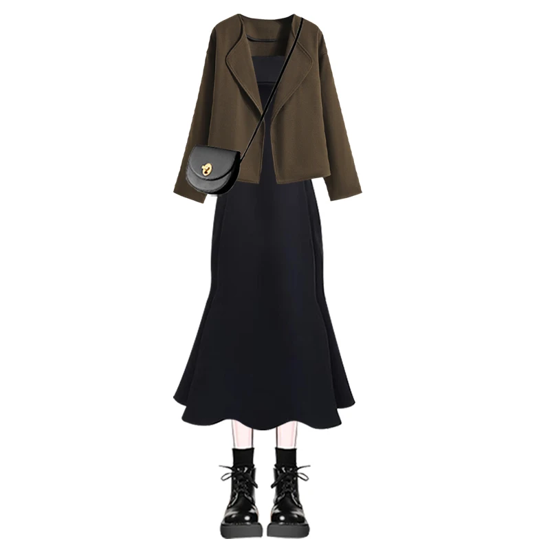 Ele Commuter High-End Terno Jaet Feminino Outono Inverno Novo Sle Cinto Strap Fi Tail Dr Conjunto de Duas Peças