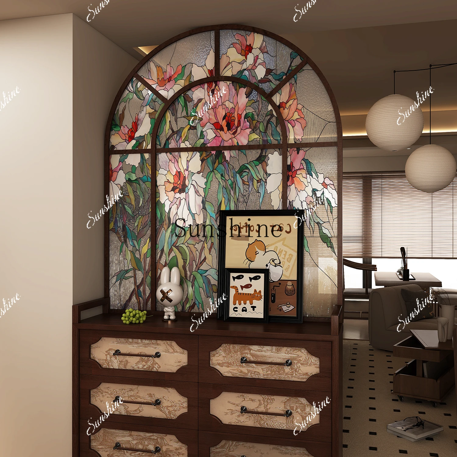 French painted art glass screen partition background wall half wall cabinet living room porch shading integrated storage  FT