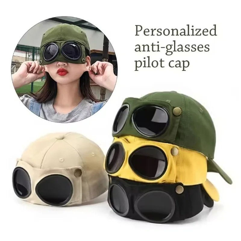 Vintage Pilot Baseball Cap With Detachable Goggles Aviator Sunglasses Hat Adjustable Snapback Casual Streetwear Outdoor Sun Hat