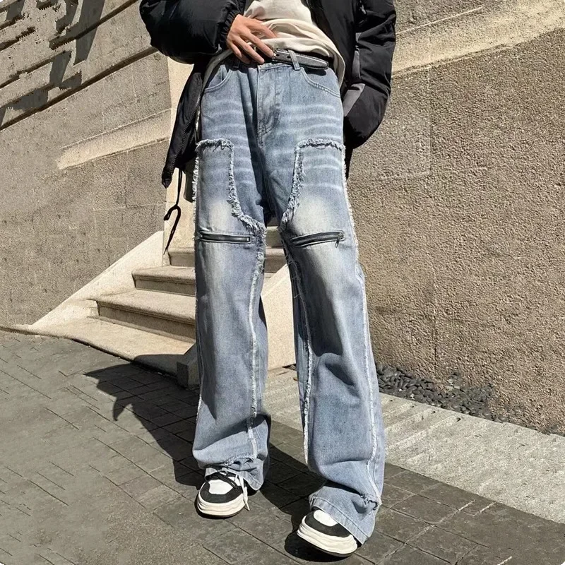 2024 Ropa Grunge Y2K Streetwear Zipper Stacked Baggy Jeans Cargo Pants Men Clothing Straight Loose Denim Trousers Pantalon Homme