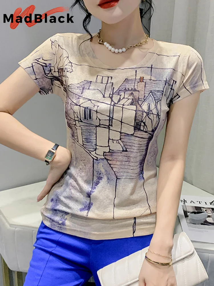 MadBlack Summer Korean Clothes Bamboo Fiber T-Shirt Fashion Print Pullover Women Tops Short Sleeve Street Tees 2022 New T26415L