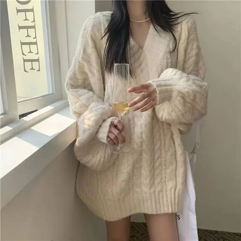 Loose Knitted Sweater Women Twist V-Neck Winter Pullover Fashion Lantern Sleeve Casual Preppy Style Female Jumper