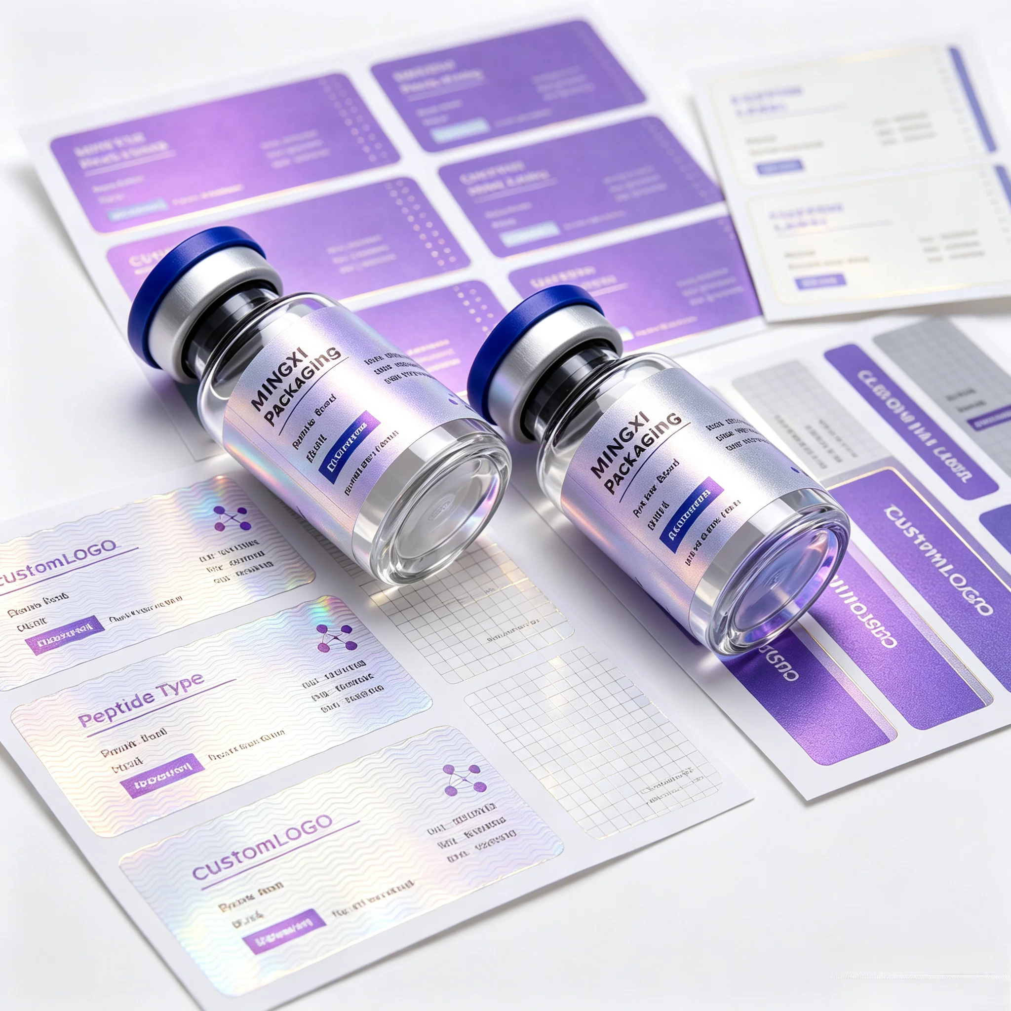 Free Custom Logo Water Oil Resistant Holographic Anti‑Counterfeit Vinyl Labels for Athletic Fitness Peptide Injection Glass Vial