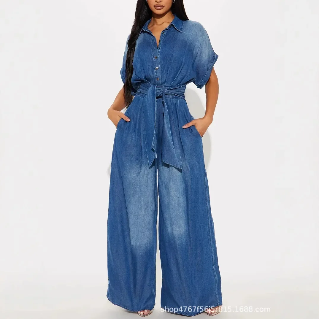 

Женские джинсовые комбинезоны-ромперы в винтажном стиле с карманами, на шнуровке, повседневные, цельные, с широкими штанинами, прямые джинсы, уличная мода 2026
