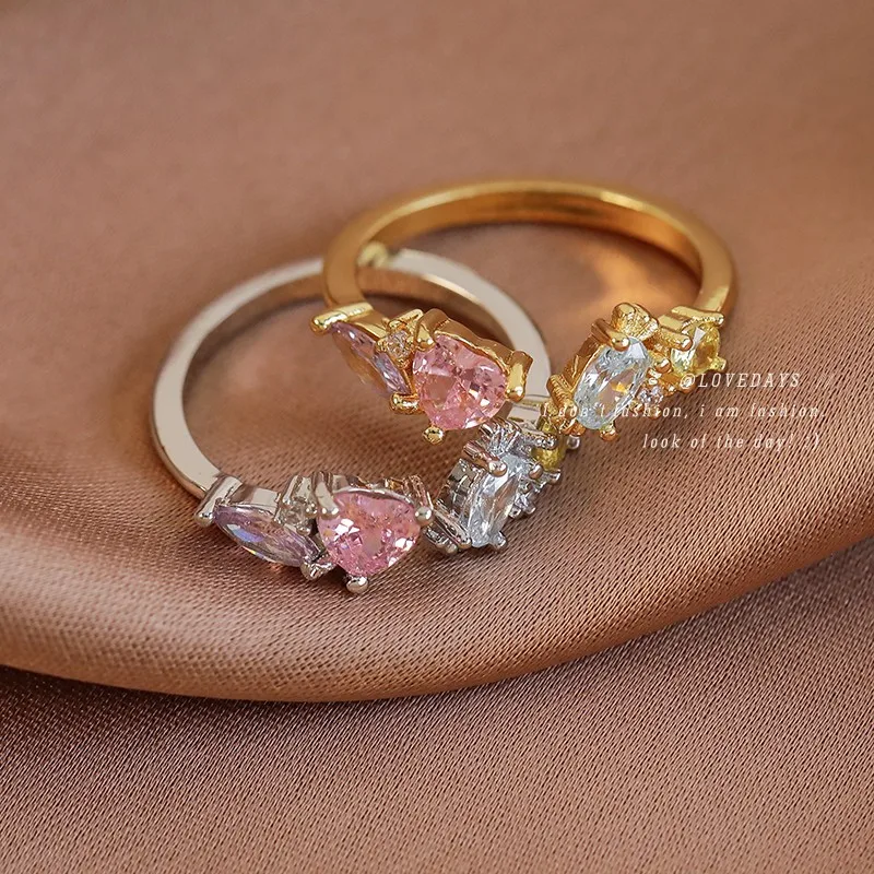 Ring Open Geometric Zircon Pink Heart Pave Minimalist Unique Elegant Lightweight Durable Premium for Women Daily Gift