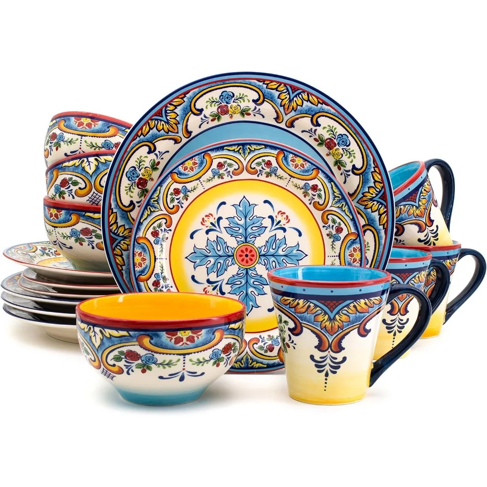 

Euro Ceramica Zanzibar Collection 16 Piece Dinnerware Set Kitchen and Dining, Service for 4, Spanish Floral Design, Multicolor,