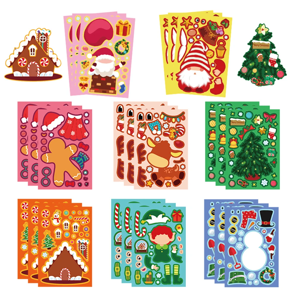 8/16 Blatt Make a Face Weihnachtsserie Puzzle-Aufkleber, süßer Weihnachtsmann, Cartoon, zum Zusammenbauen, Puzzle-Aufkleber, Party-Dekorationszubehör
