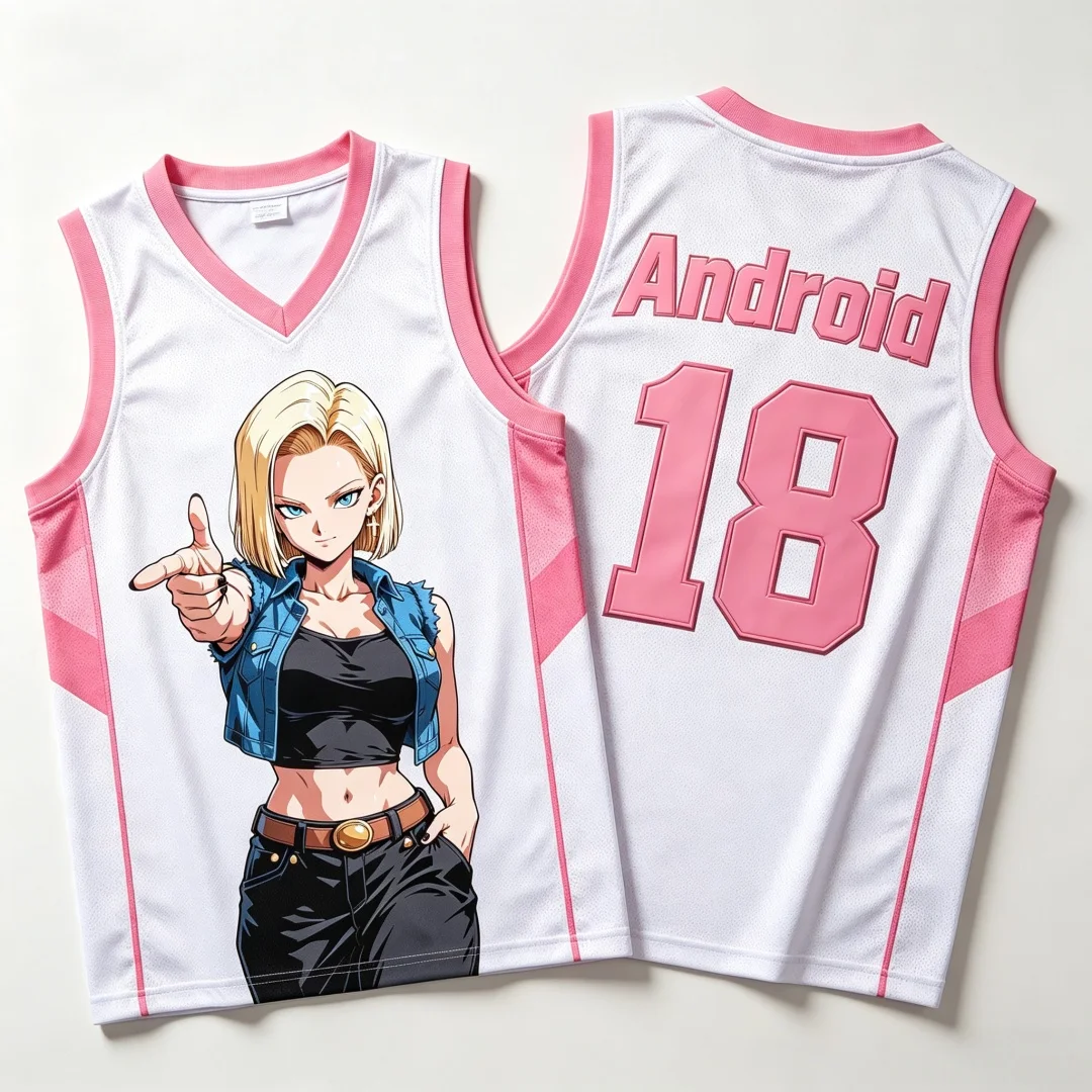 Dragon Ball Android 18 Basketball-Trikot für Damen, 3D-Druck, Sportweste, Weiß, Rosa, Anime, Streetwear, Tank-Top, passende Familien-Outfits