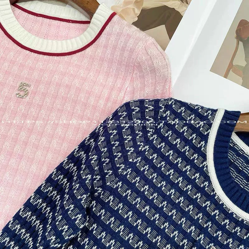 2024 Early Autumn New Striped Slim Fit Pullover Women Knitted Sweater Fashion Solid O-neck Letter Diamonds Top Knitwear