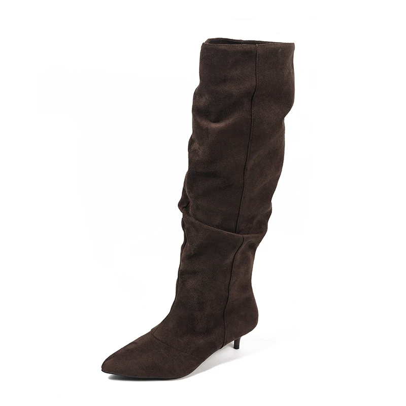 Neue Damen-Kniehohe Stiefel aus Kunstwildleder mit spitzer Zehenpartie und dünnem Stiletto-Absatz, Vintage-Herbstschuhe für den Alltag, lange Damenstiefel.