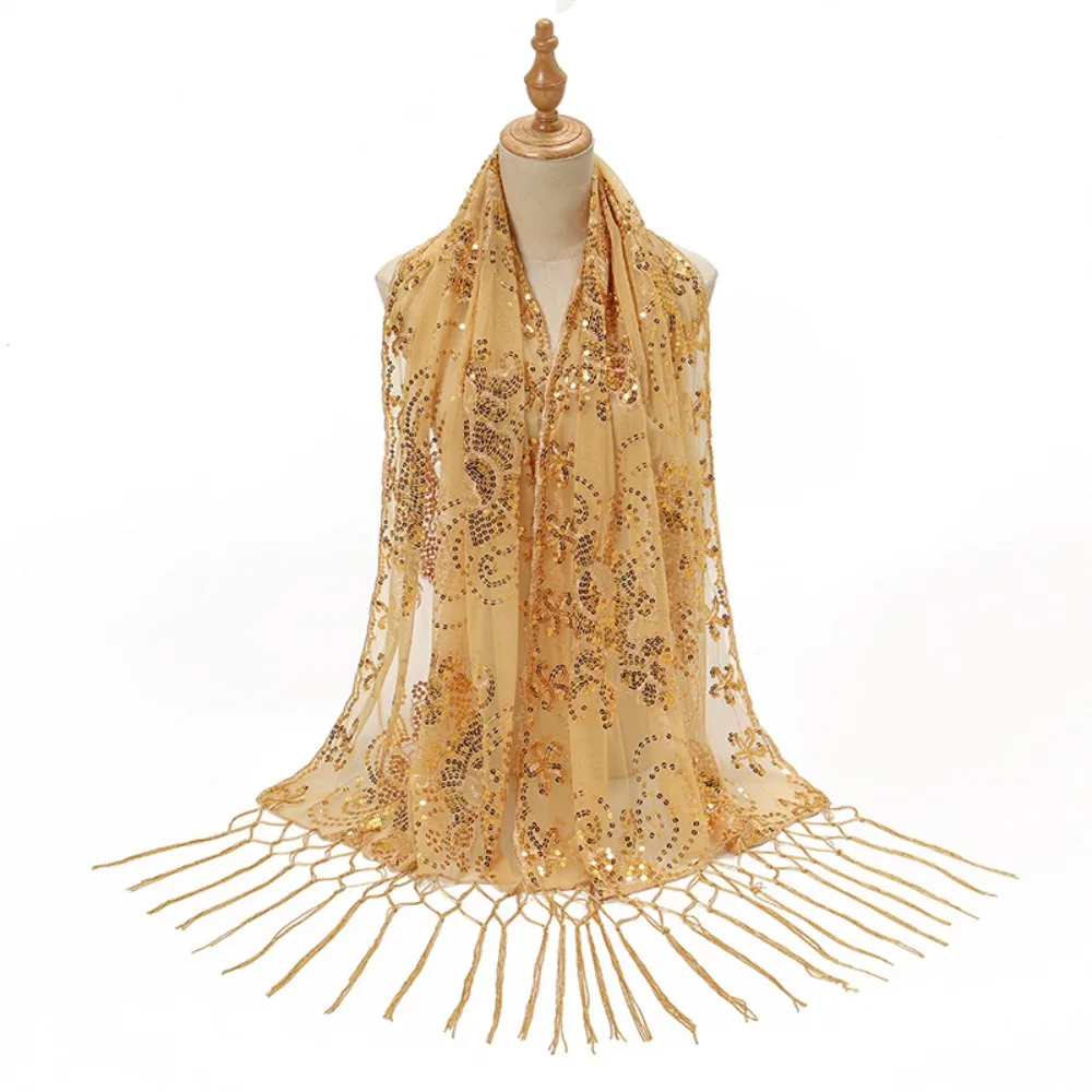 

Sweet Mesh Sequin Shawls Transparent Glitter Evening Dresses Scarves Korean Style Sunscreen Tassels Scarf Wedding