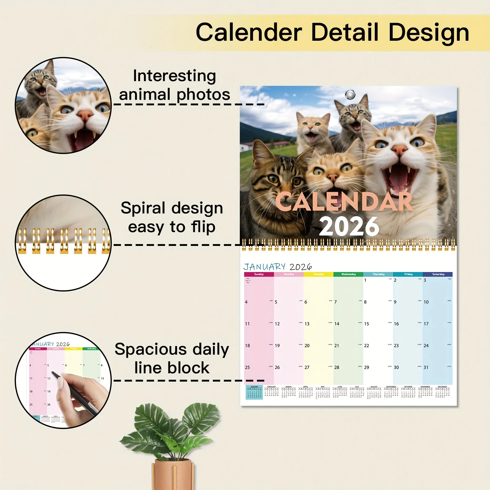 Calendrier mural chat et amis 2026 – Série Fun Cat Selfie, photos de 12 mois, cadeau parfait pour les amateurs de chats, langue anglaise