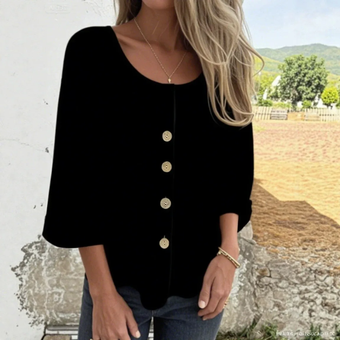 Lady Cloth New Loose-fit T-shirt For Women, Circular Neck, Cotton And Lines Blend,   With Buttons, Open-front Shirt Style Elegan