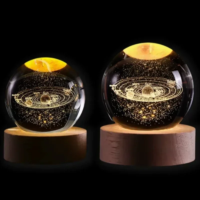 1set 3D Solar System Crystal Ball LED Night Light USB Elk Deer Saturn Planet Glass Sphere Atmosphere Lamp for Bedroom Gift