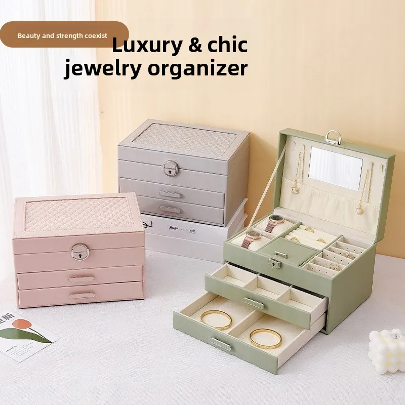 Lockable PU Leather Jewelry Box with Mirror Drawer Storage Case for Necklace Ring Watch Bracelet Jewelry Organizer