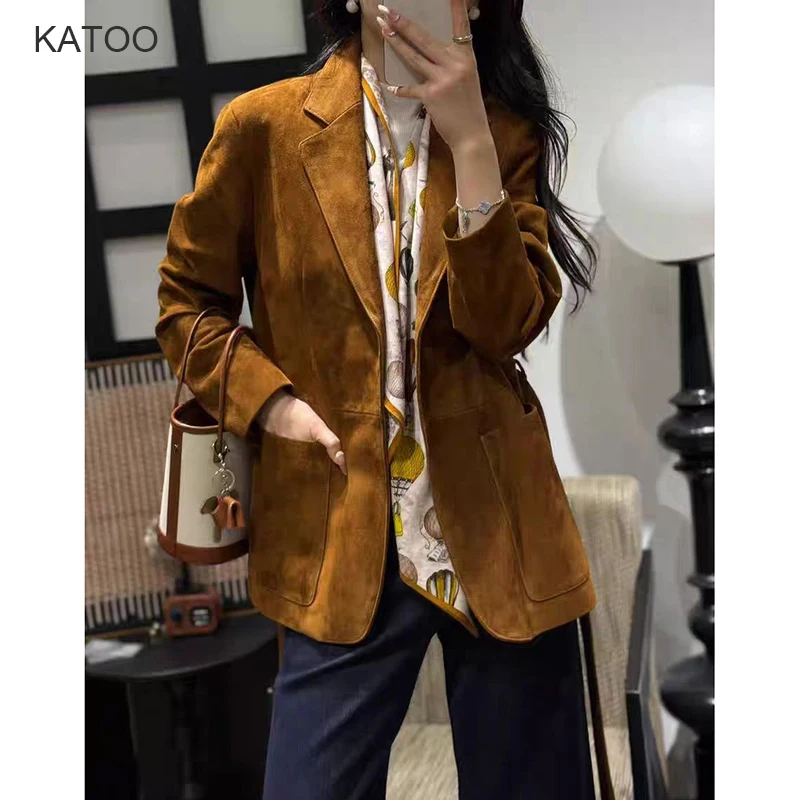 

High-End Kid Suede Leather Jacket for Woman Brown Lapel Big Pocket Belt Slim Fit Suit Coat Elegant Fashion Female Outwears