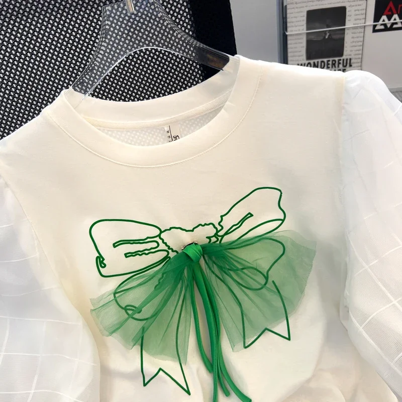 Harajuku Ropa Mujer Aesthetic Bow Bubble Short Sleeved T-shirts Kawaii Clothes Graphic T Shirts White 3D Plaid Tshirt Y2k Tops