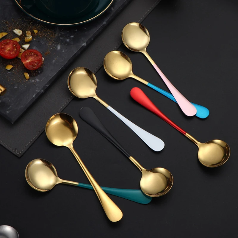 1Pcs Stainless Steel Round Soup Spoons Coffee Stirring Spoon Tableware Dessert Spoon Dishwasher Safe Kitchen Tool