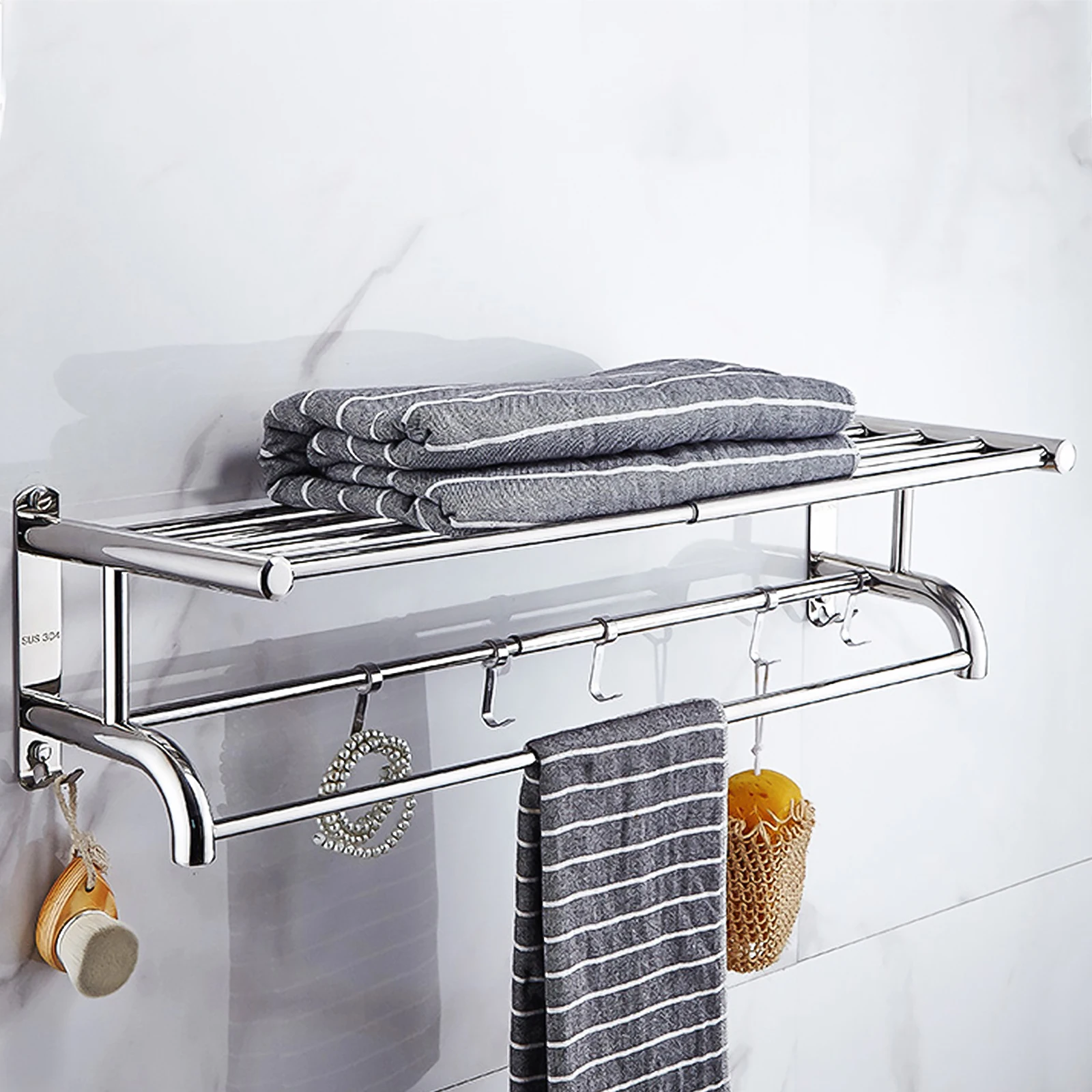 

40CM Space Saving Bathroom Towel Rack - wall Mounted Bracket With Hooks And Storage Rack For Organizing Bathroom Accessories