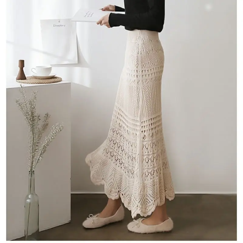 Fashion Classic Summer Women's Hollowed Out Skirt Lace Knit Mid Length High Waisted Office All-match Fishtail Wrap Hip Skirt