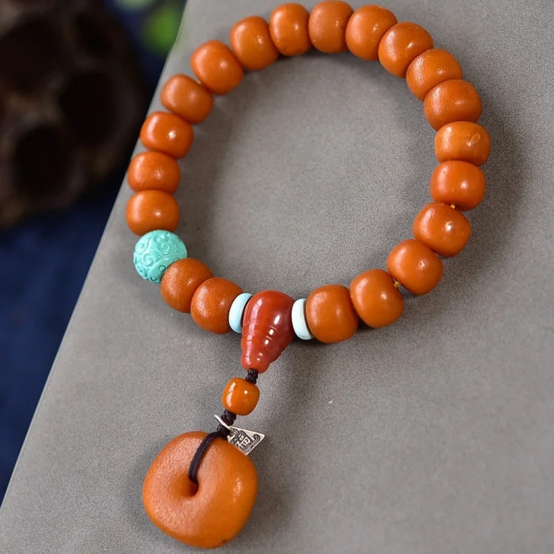 Natural Flower Beeswax Type Bead Bracelet Full Honey Orange Peel Texture Old Wax 10.3mm