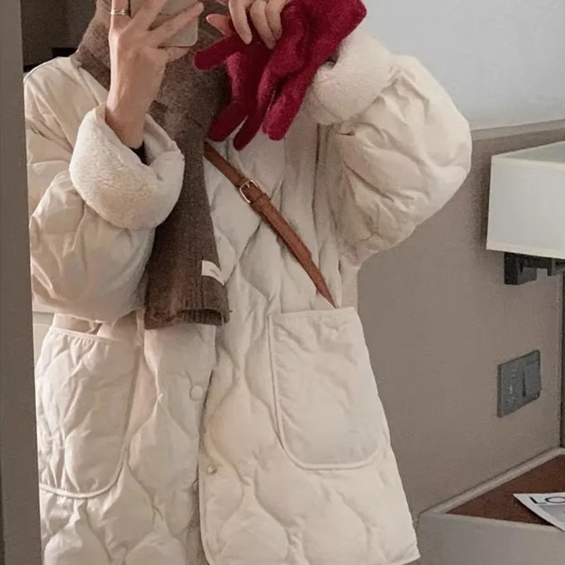 

Женская зимняя стеганая хлопковая куртка, легкая теплая куртка без воротника с флисовой подкладкой, верхняя одежда в корейском стиле