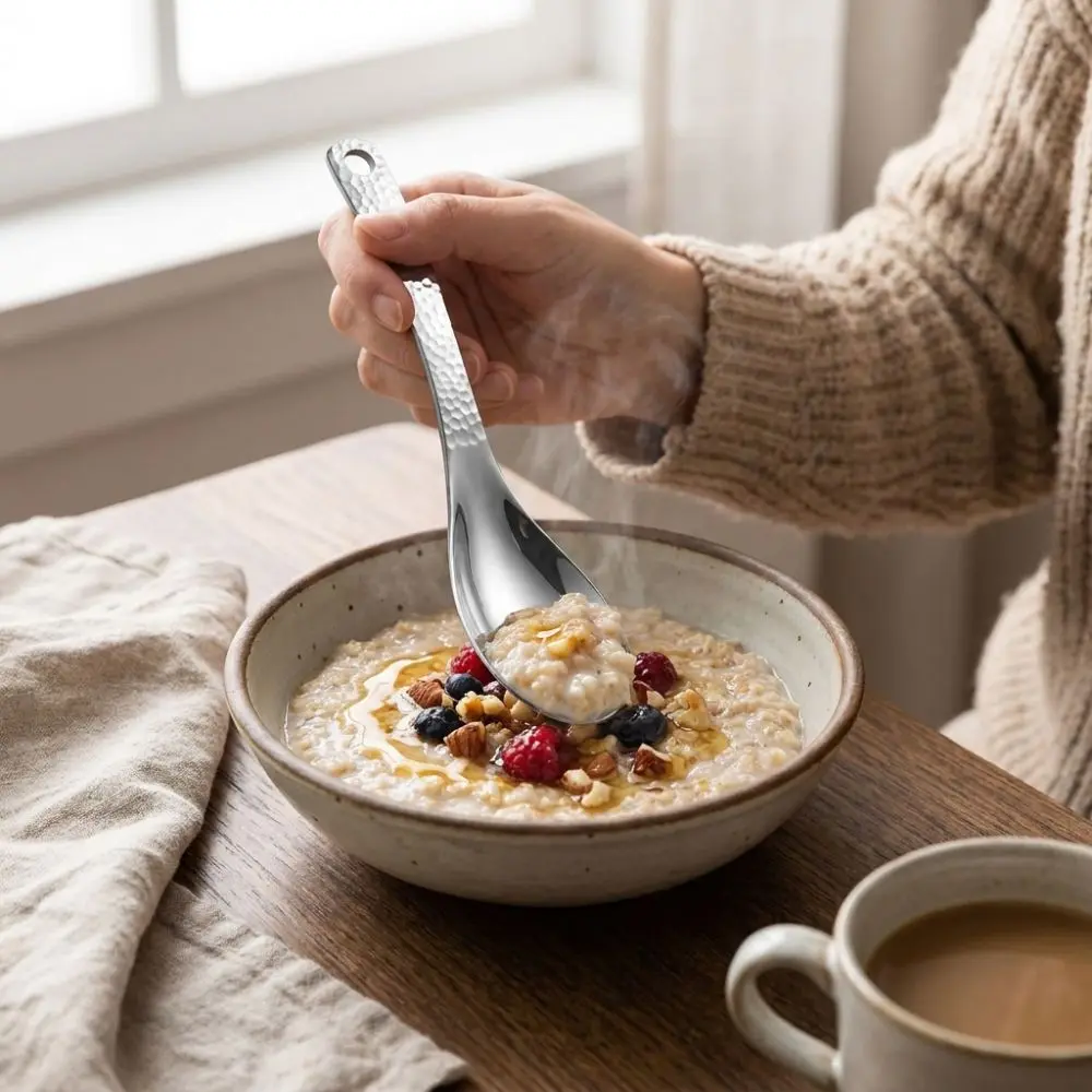 Multipurpose Hammer Patterned Stainless Steel Spoon with Hanging Hole Thickened Dessert Spoon Deepen Fruit Spoon Home Kitchen