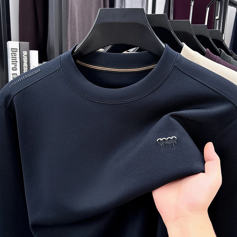 Spring and Autumn Men's Round Neck Long Sleeve Small Embroidered Shoulder Details Middle Aged Dad Casual Loose Top