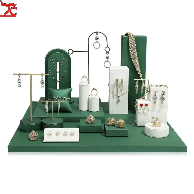 Green White Leather Jewelry Display Rack Necklace Ring Showcase Jewelry Counter Prop Set Jewelry Organizer