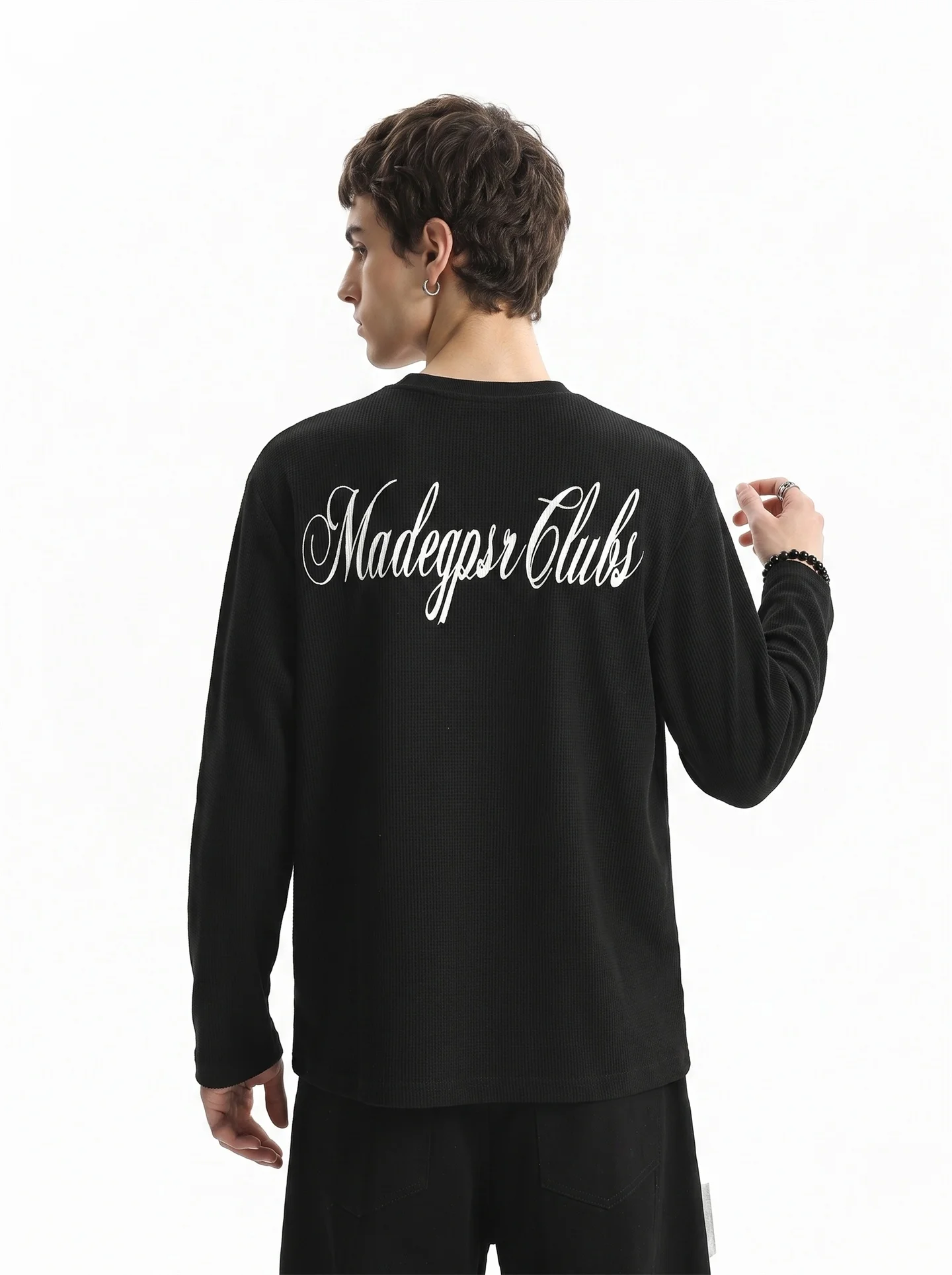 BETEBULE American High Street Printed Henry Collar Long Sleeve T-Shirt Men's Autumn Lightweight Short Wide Top Youth Fashion