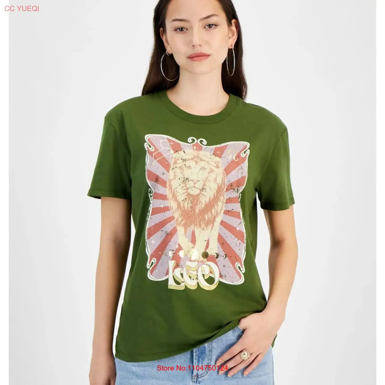 T-shirt imprimé Lion vert pour femme, grande taille junior, style vintage délavé, vêtements de créateur, mode, graphique doux, polyvalent