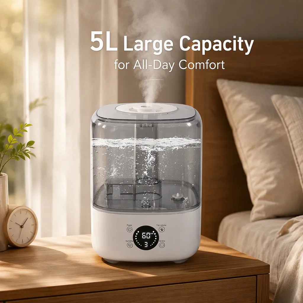 5L Large Capacity Desktop Ultrasonic Humidifier for Home Bedroom Aroma Diffuser and Smart Humidity Monitoring
