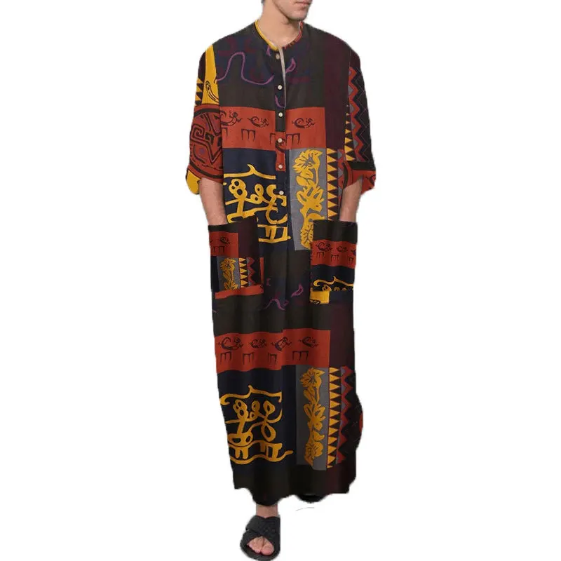 Middle Eastern Islam Men Abayat Long Sleeve One-piece Arabian Men Striped Printed Muslim Men Robe Musulmane